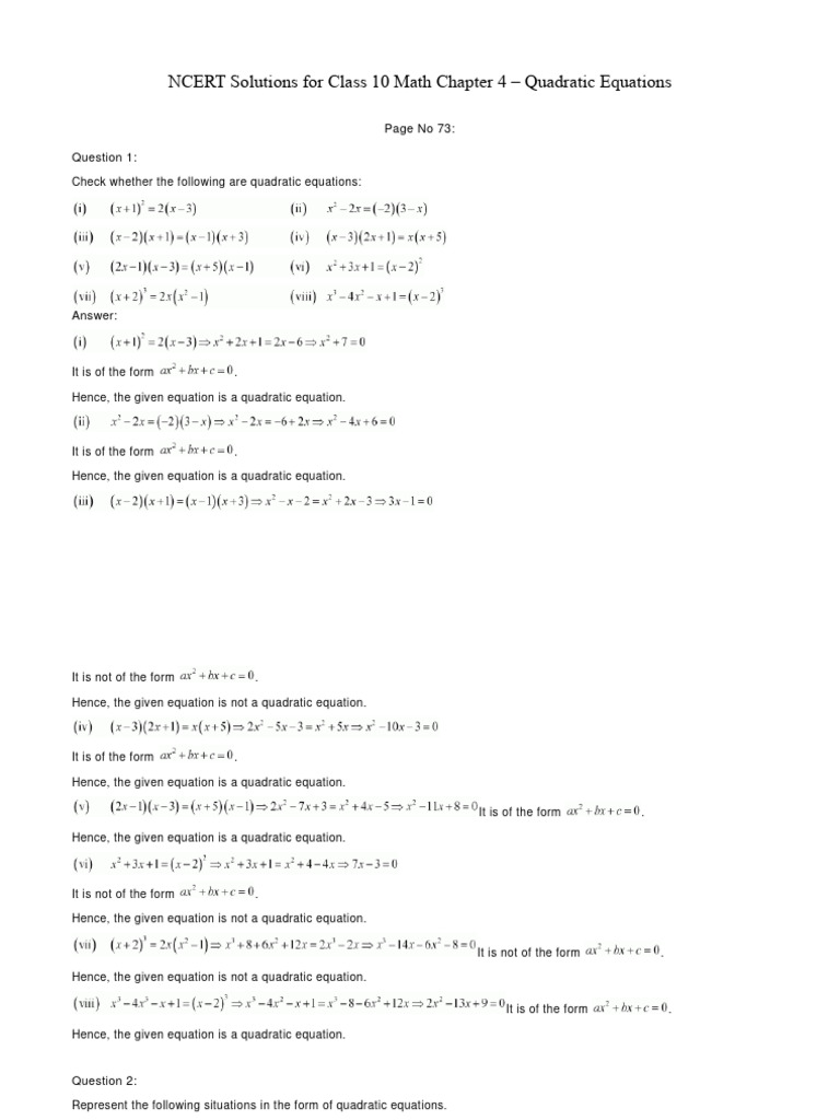 Class 10 Maths Ch 4 Solutions | PDF | Mathematical Objects | Algebra