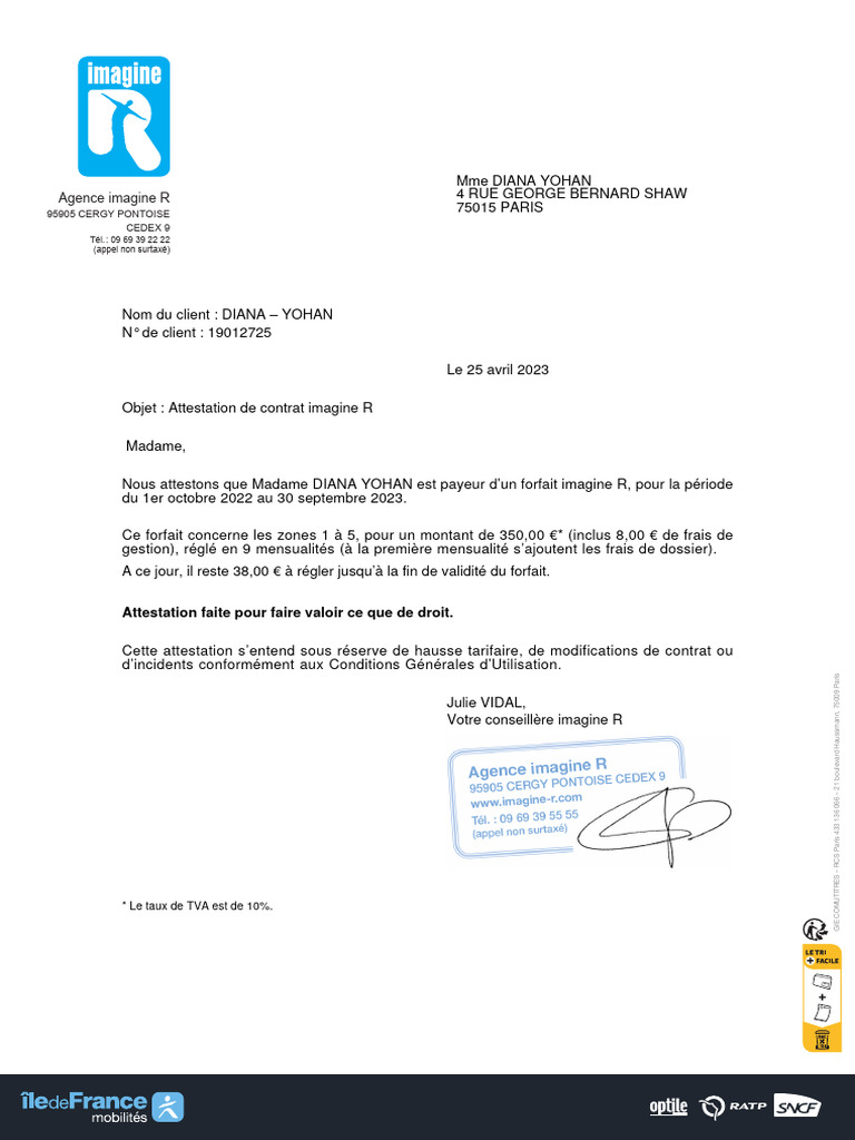 Attestation contrat Imagine R 2023 | PDF | Finance et gestion monétaire