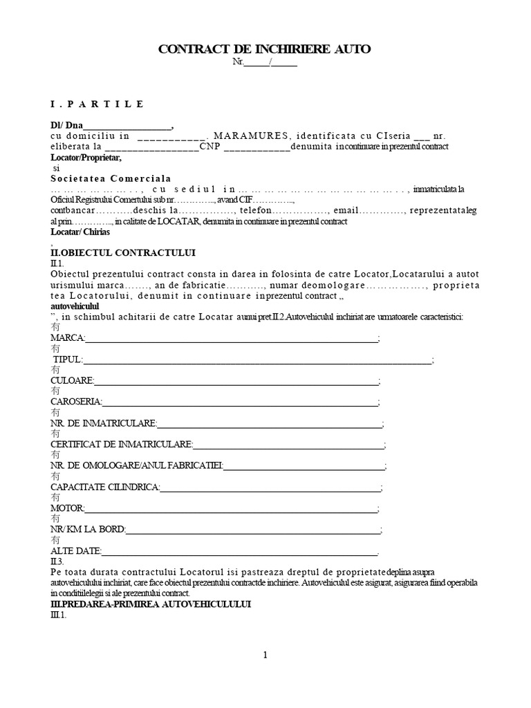 Model Contract de Închiriere Autovehicul PDF