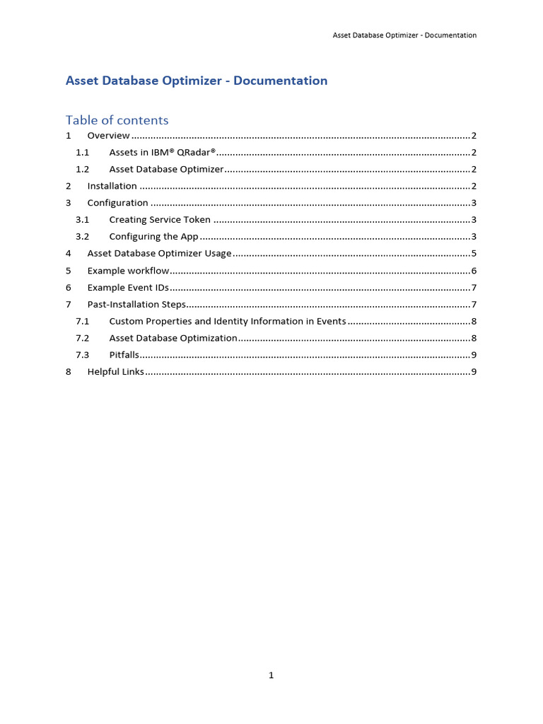 Asset database optimizer documentation pdf