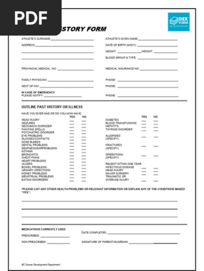 Soccer Player Medical History Form Template