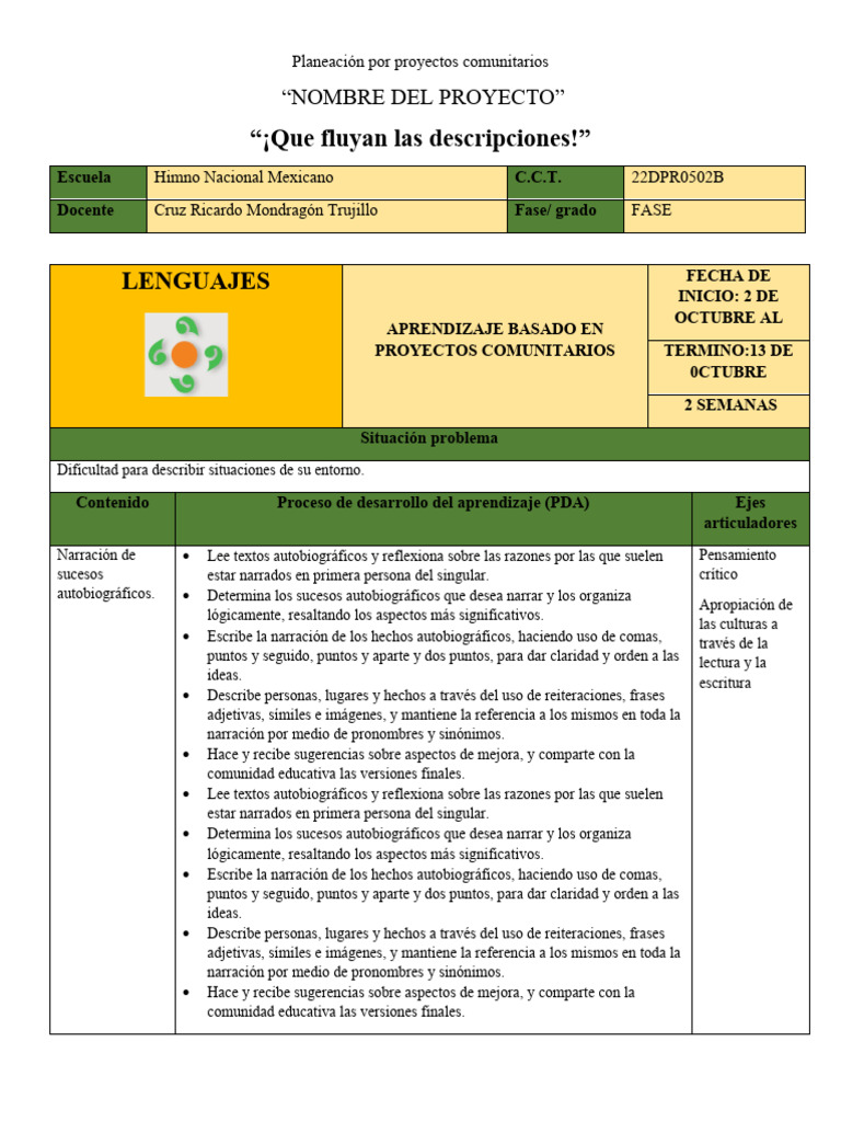 Planeación por proyectos comunitarios Octubre 2 al 13 | PDF | Narración