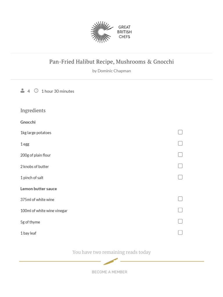 PanFried Halibut Recipe, Mushrooms & Gnocchi Great British Chefs PDF Potato Butter