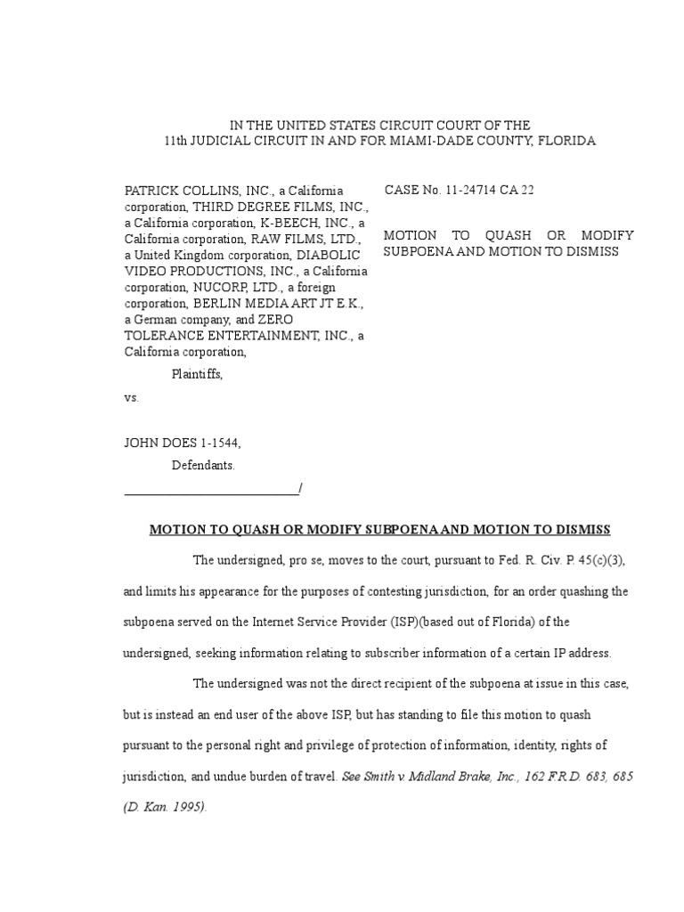 Motion to Quash or Modify Subpoena and Motion to Dismiss 11 24714 CA 22