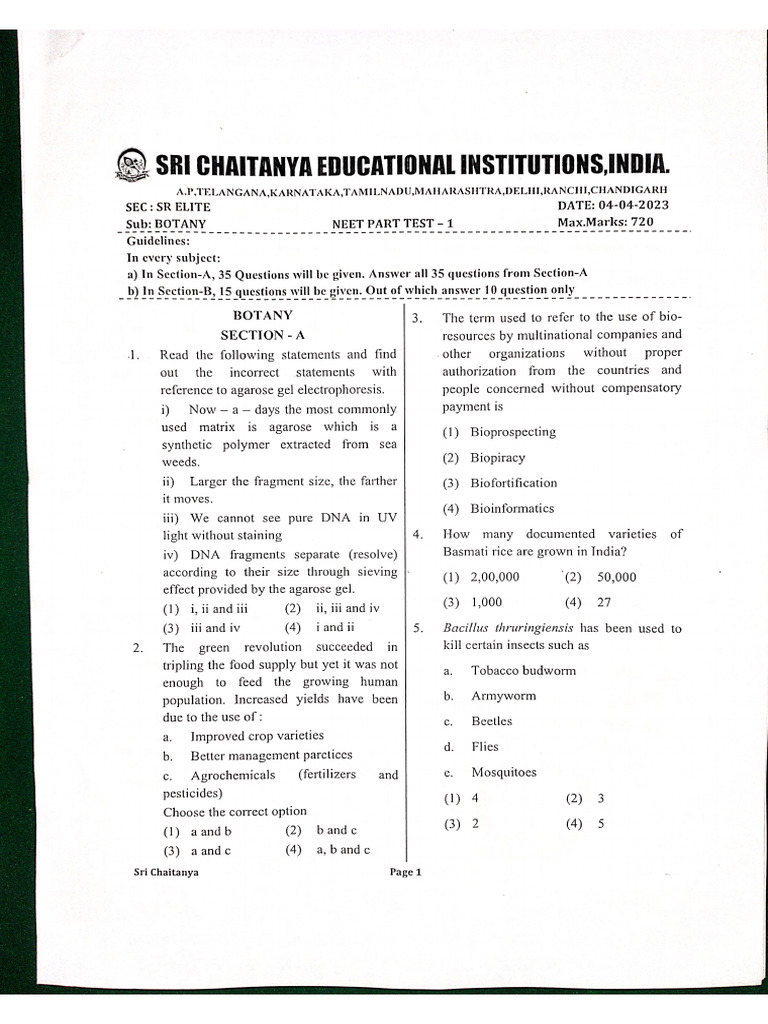 SR Elite Neet Part Test - 1 Question Paper and Key | PDF
