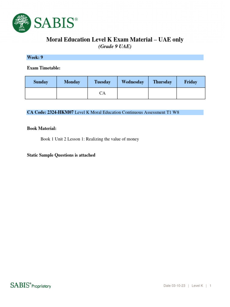 2324 Level K Gr9 Uae Moral Education Exam Related Materials T1 W8 Pdf
