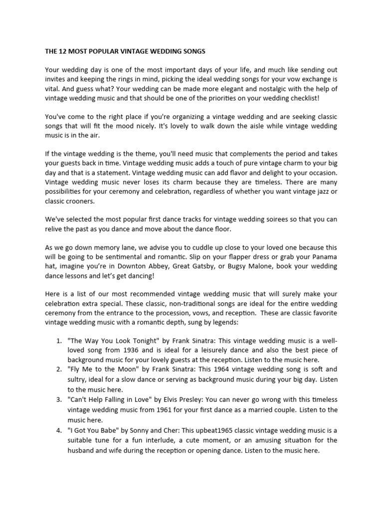 12 Most Popular Vintage Wedding Music Songs PDF Performing Arts