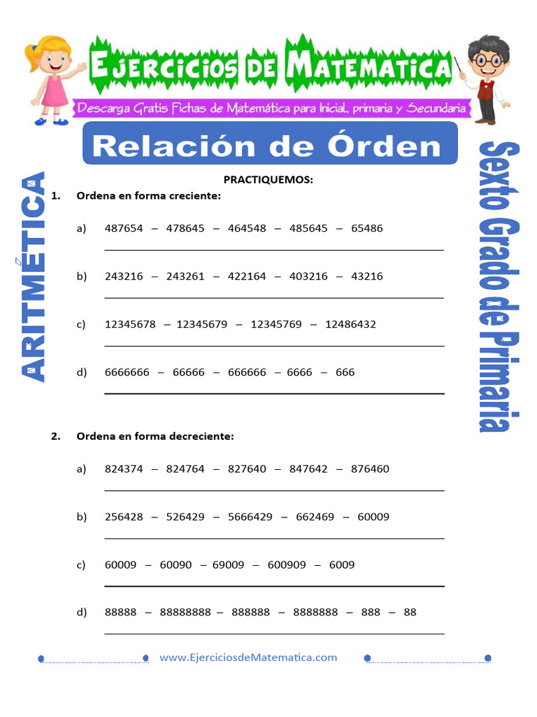 Ejercicios de Relacion de Orden para Sexto de Primaria | PDF | Métodos y  materiales de enseñanza, image size:768x1024