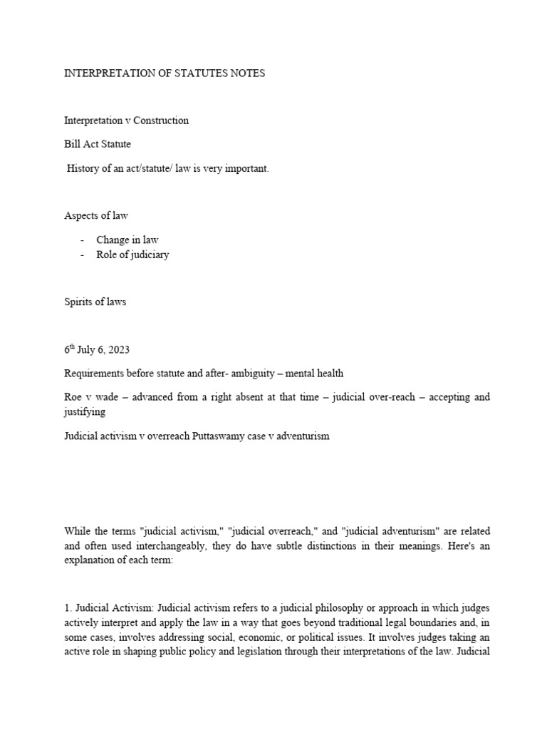 INTERPRETATION OF STATUTES NOTES PDF Plain Meaning Rule Judiciaries
