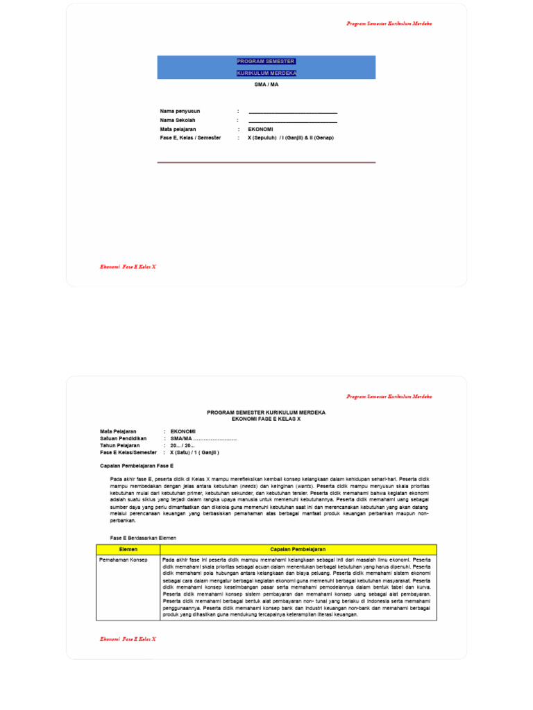 Format Prosem Kurikulum Merdeka Ekonomi | PDF