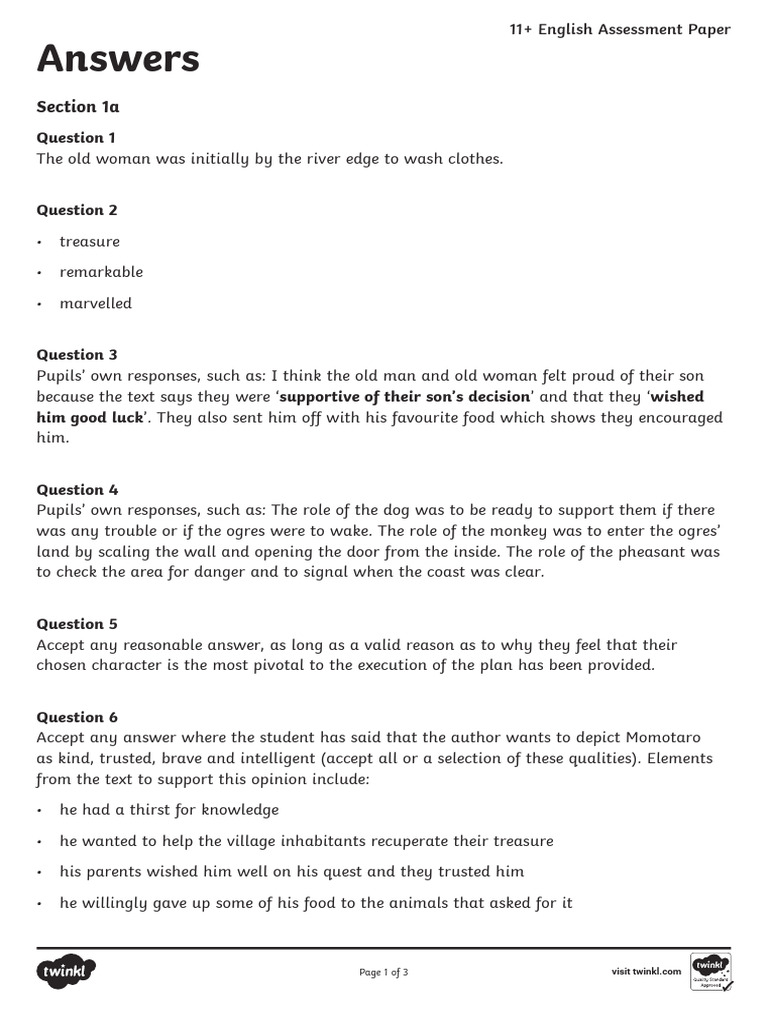 11+ English Assessment Answer Key | PDF