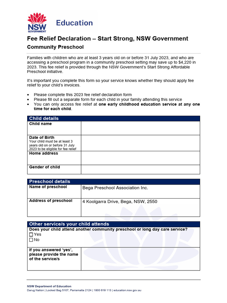 Start Strong NSW Government FORM Fee Relief Declaration CPS PDF