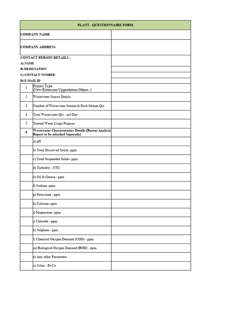 Plant Questionnaire Form PDF