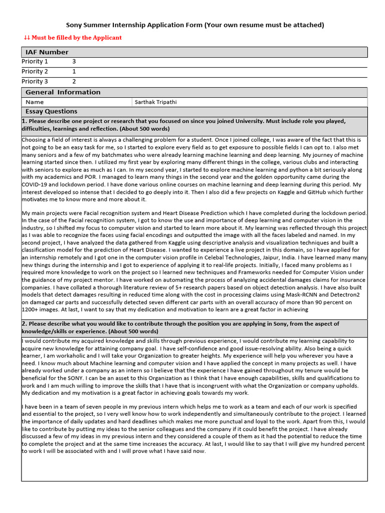 Sony Summer Internship Application Form (Your Own Resume Must Be