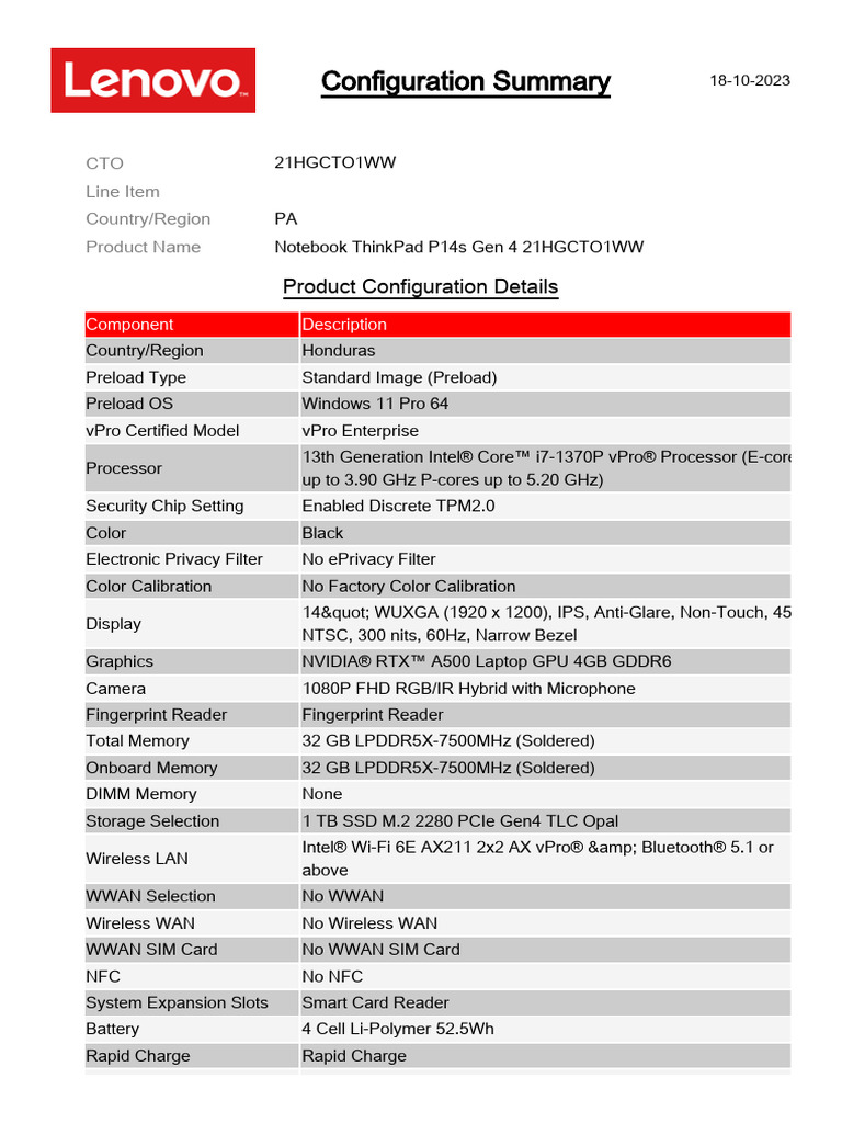 17102023Notebook ThinkPad P14s Gen 4 21HGCTO1WW PDF Laptop