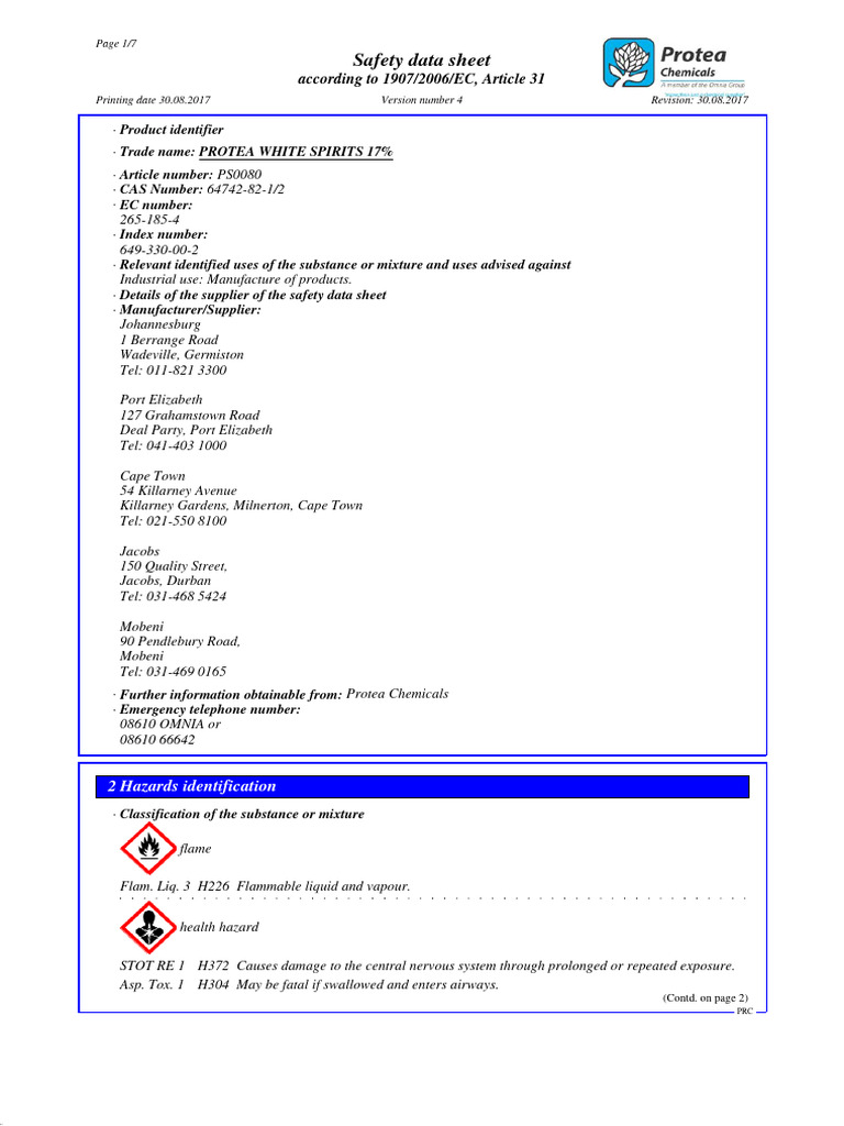 Protea White Spirits Safety Data Sheet | PDF | Dangerous Goods ...