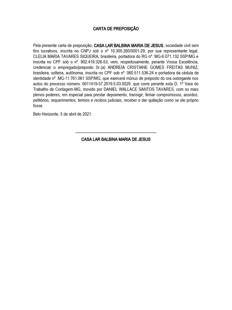 Modelo de Carta de Preposição | PDF