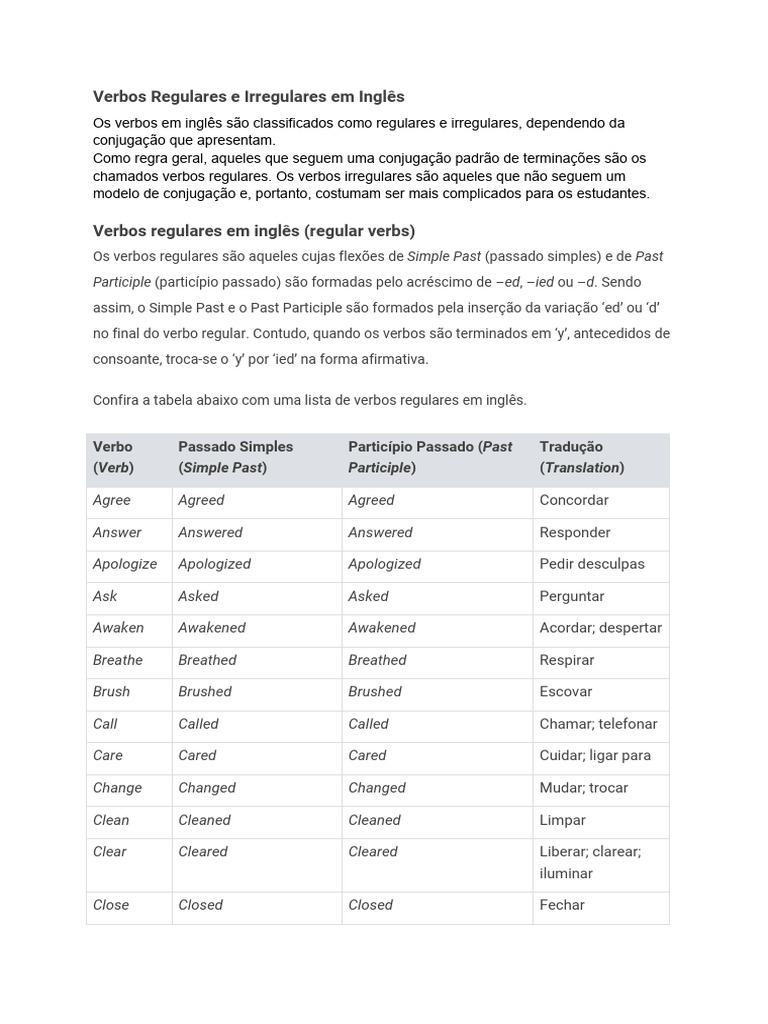 9º Ano - Verbos Regulares e Irregulares em Inglês PDF | PDF ...