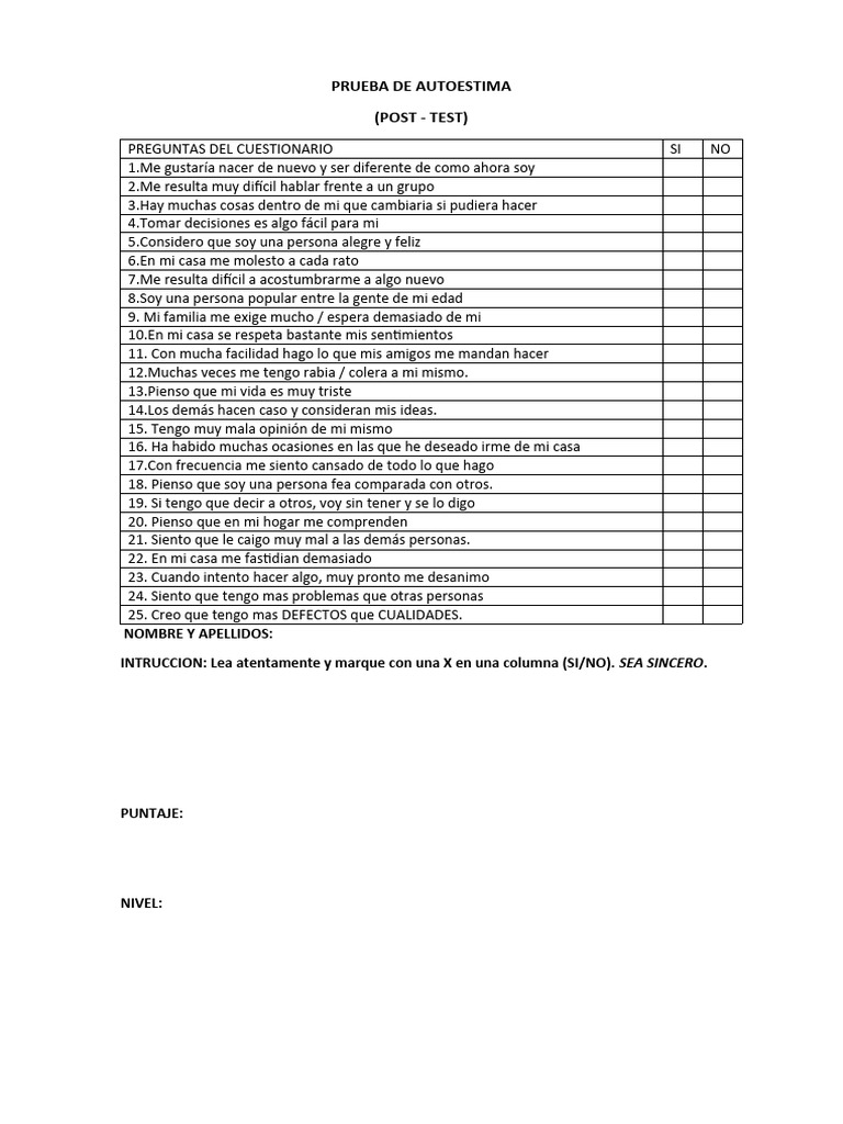 Test de Autoestima para Adolescentes | PDF | Relaciones personales ...