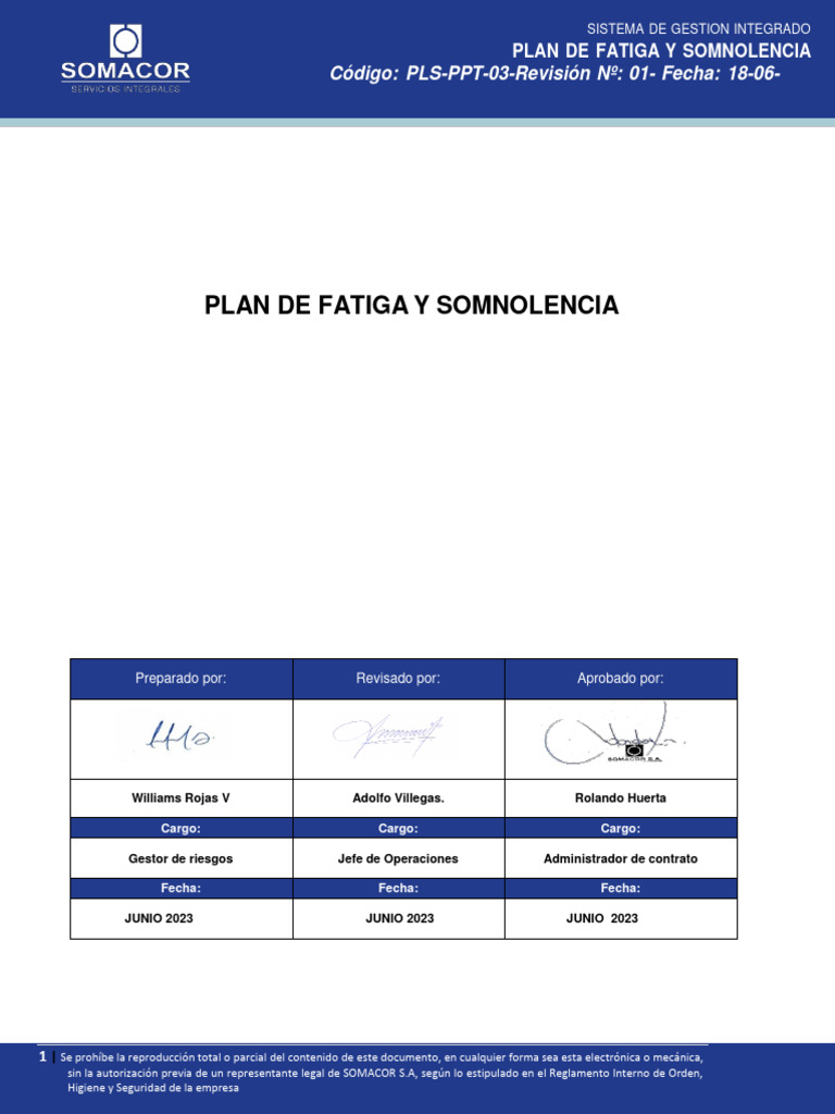 PLS-OP-PPT-03 plan de fatiga y somnolencia 2023 | PDF | Medicina CLINICA