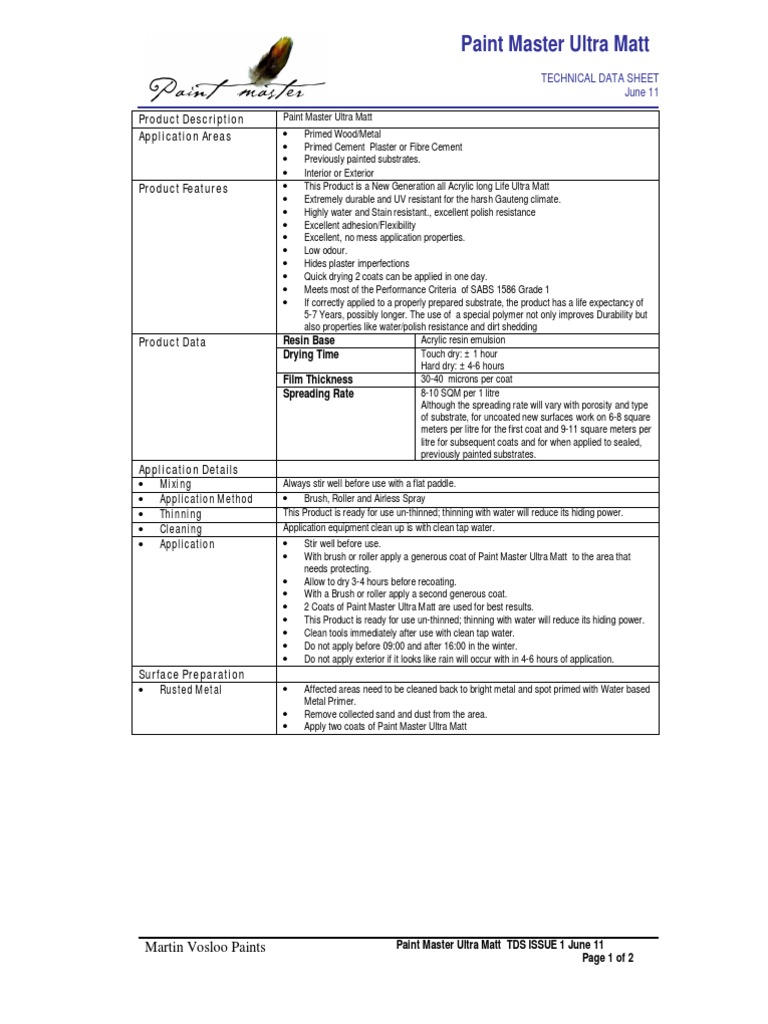 Paint Master Ultra Matt Technical Data | PDF