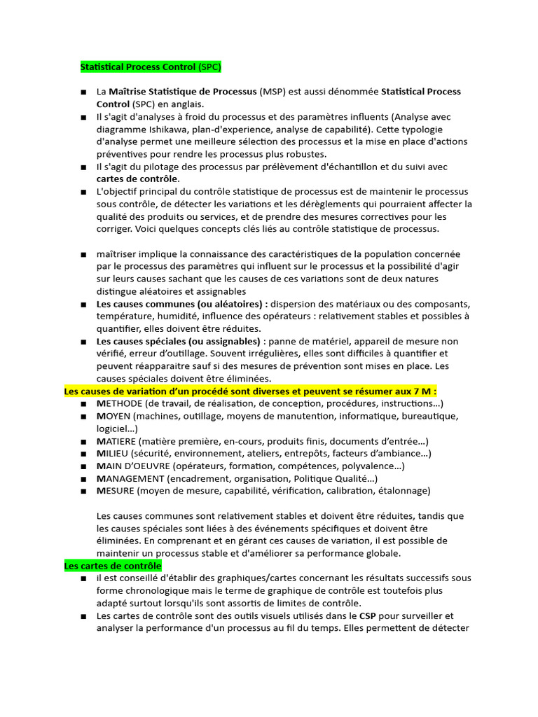 Maîtrise Statistique des Processus (SPC) | PDF | Gestion de processus ...
