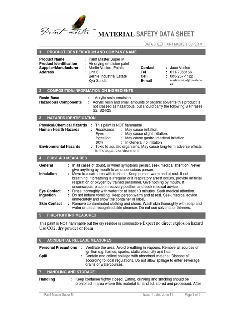 Material Safety Data Sheet PDF Paint Safety