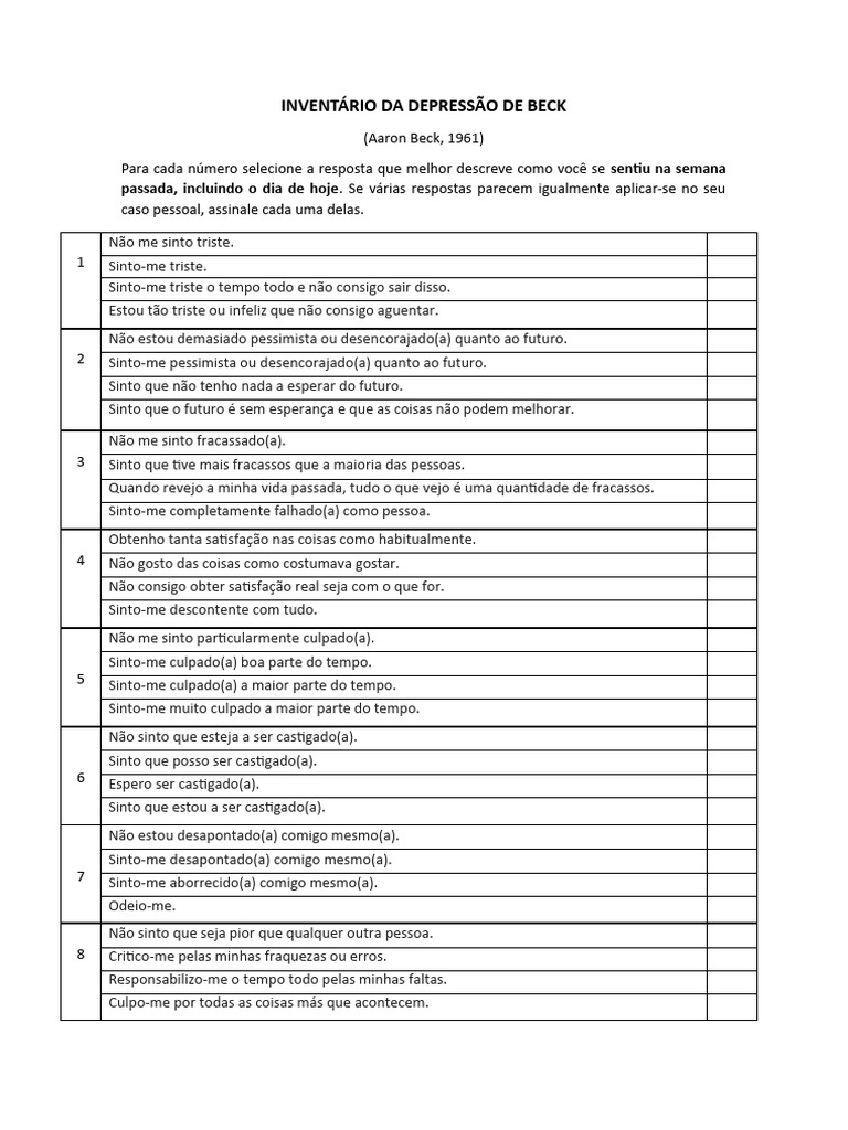 Inventário da Depressão de Beck: Questionário | PDF | Depressão ...