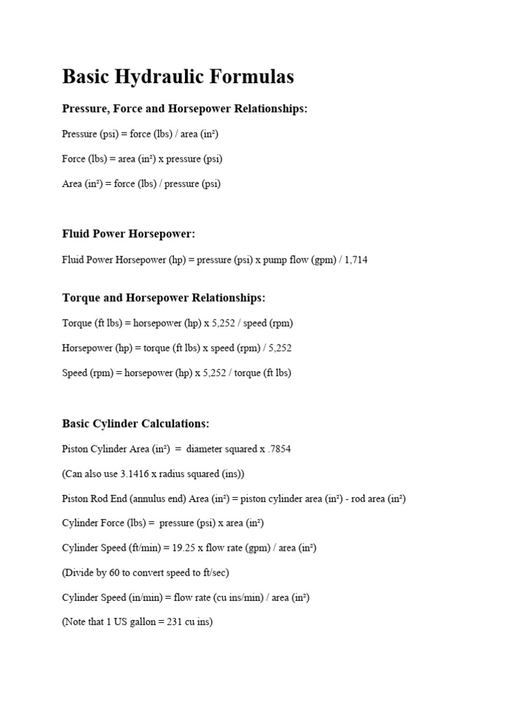 Basic Hydraulic Formulas PDF Horsepower Pump