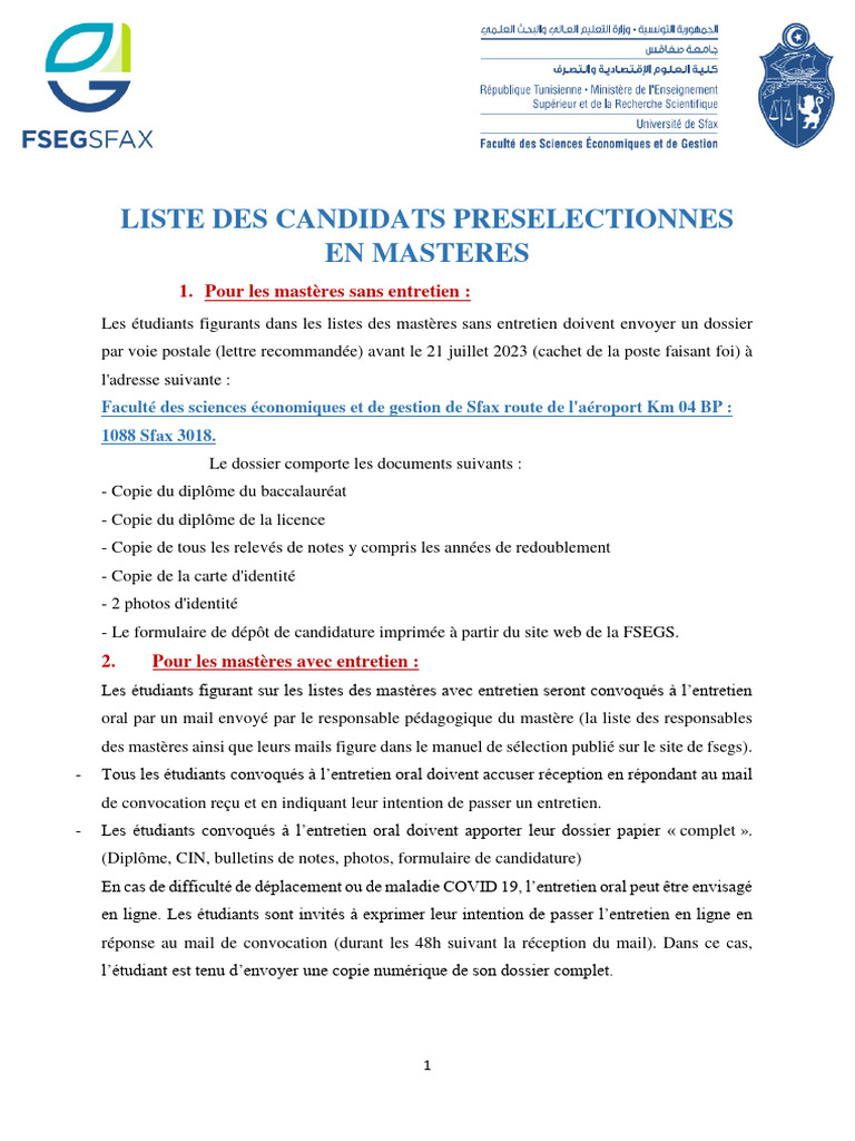 Liste Selection Mastère Pdf