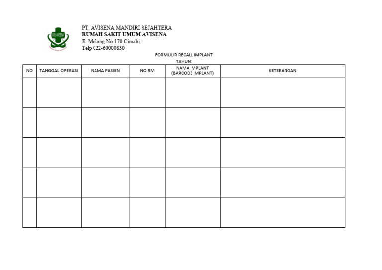Formulir Recall Implant RS Avisena | PDF