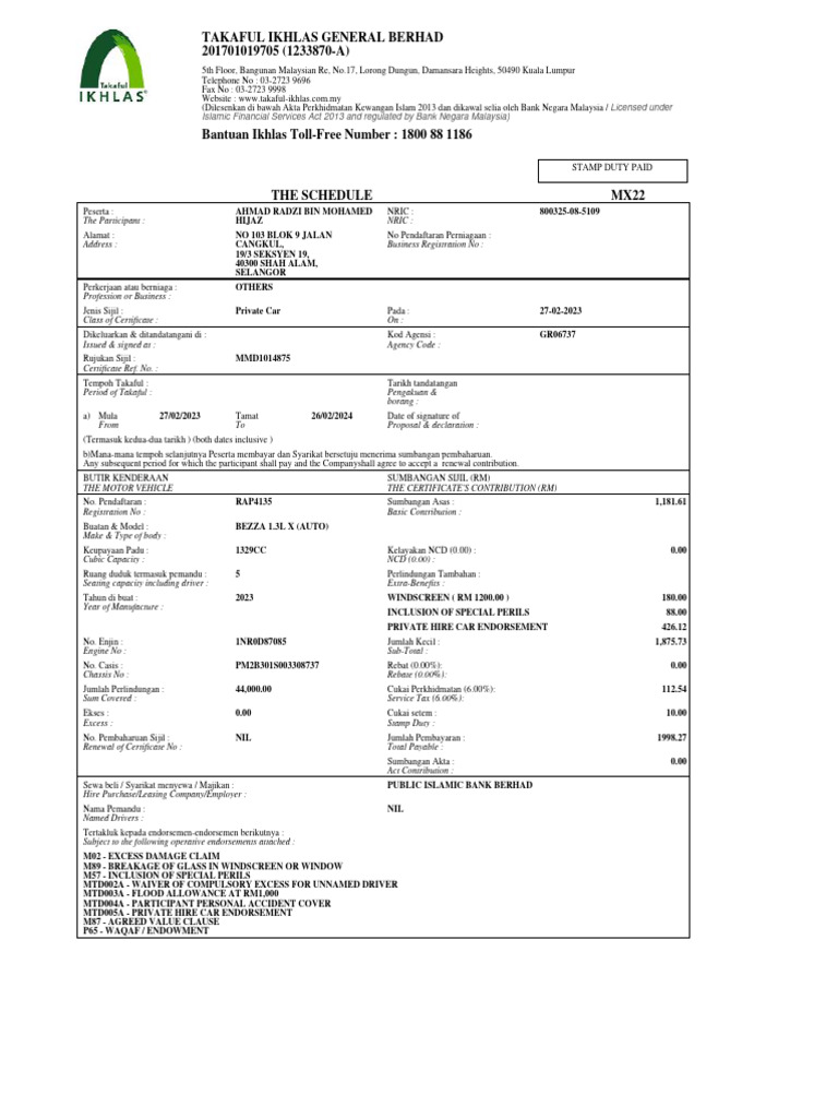 Takaful Car Insurance Details | PDF | Vehicles