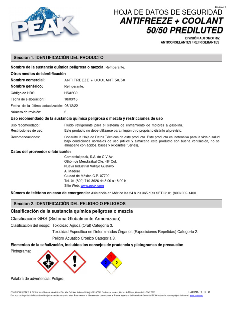 MSDS Antifreeze + Coolant 50 50 Descargar gratis PDF Agua