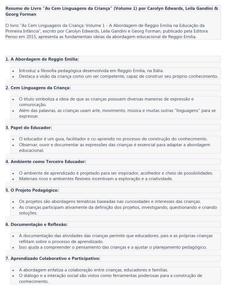 Resumo: As Cem Linguagens da Criança | PDF | Pedagogia | Aprendizado
