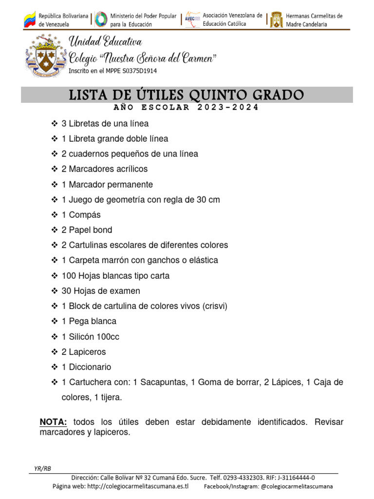 Lista de Utiles Quinto Grado | PDF