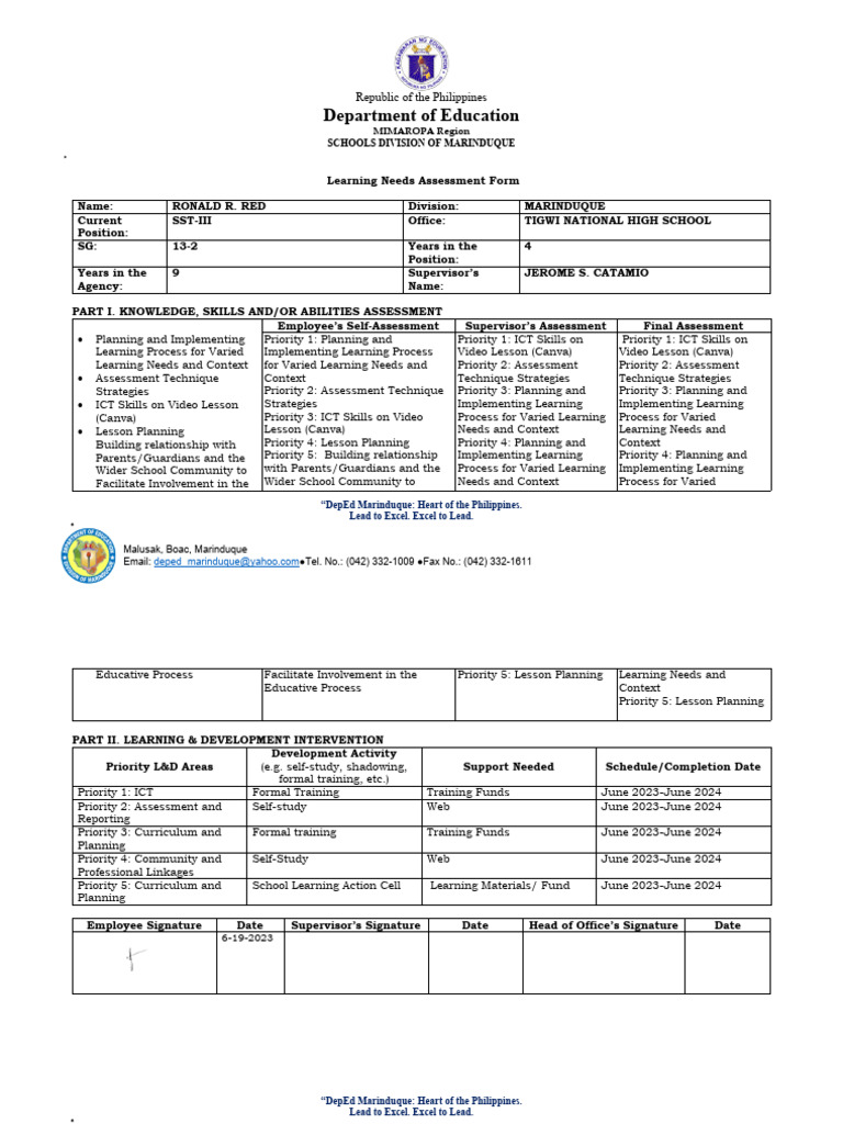 LEARNING NEEDS ASSESSMENT EXAMPLE PDF visual data 6