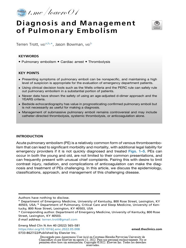 Diagnosis and Management of Pulmonary Embolism | PDF | Embolism ...