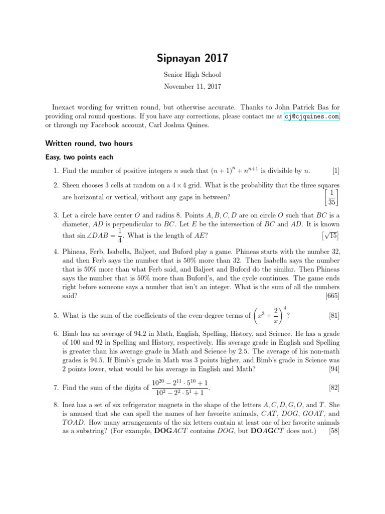 Sipnayan 2017 | PDF | Square Root | Numbers