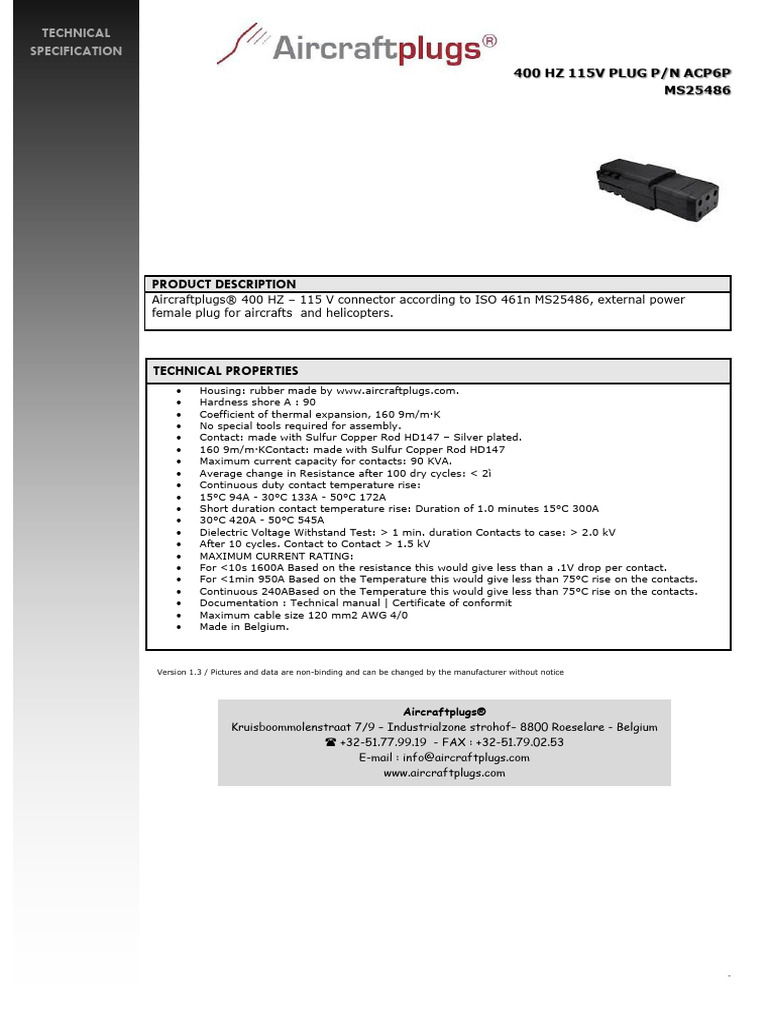 400hz Aircraftplugs Technicalsheet-1 | PDF | Electrical Connector ...