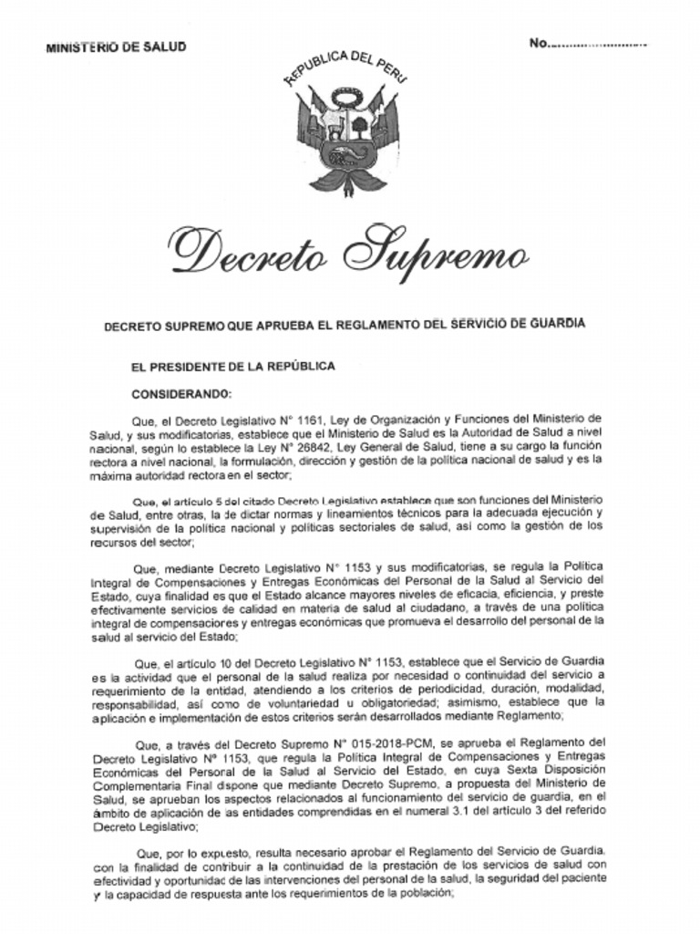 Decreto Supremo Que Aprueba El Reglamento Del Servicio de Guardia | PDF