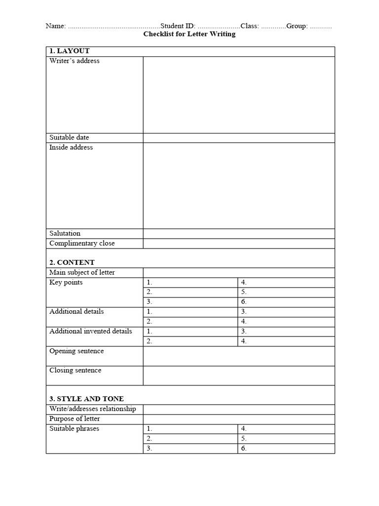 Writing Letter Checklist PDF