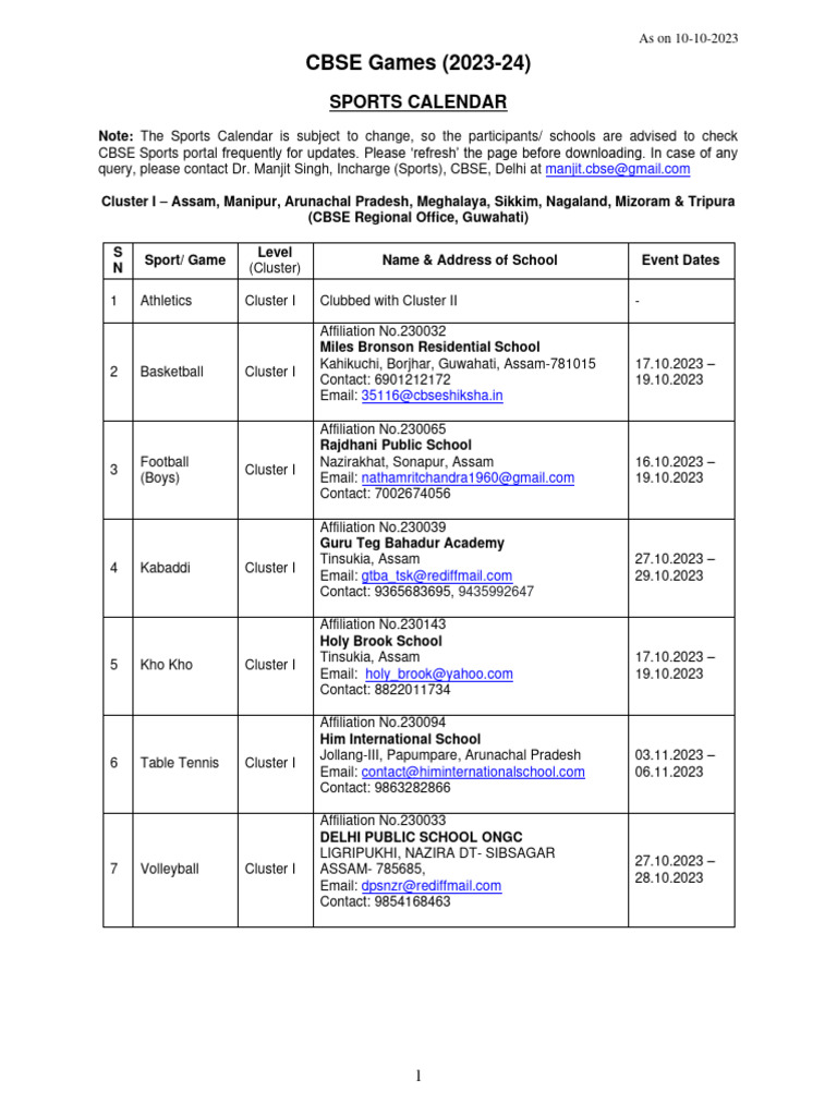 CBSE Sports Calendar 202324 New PDF