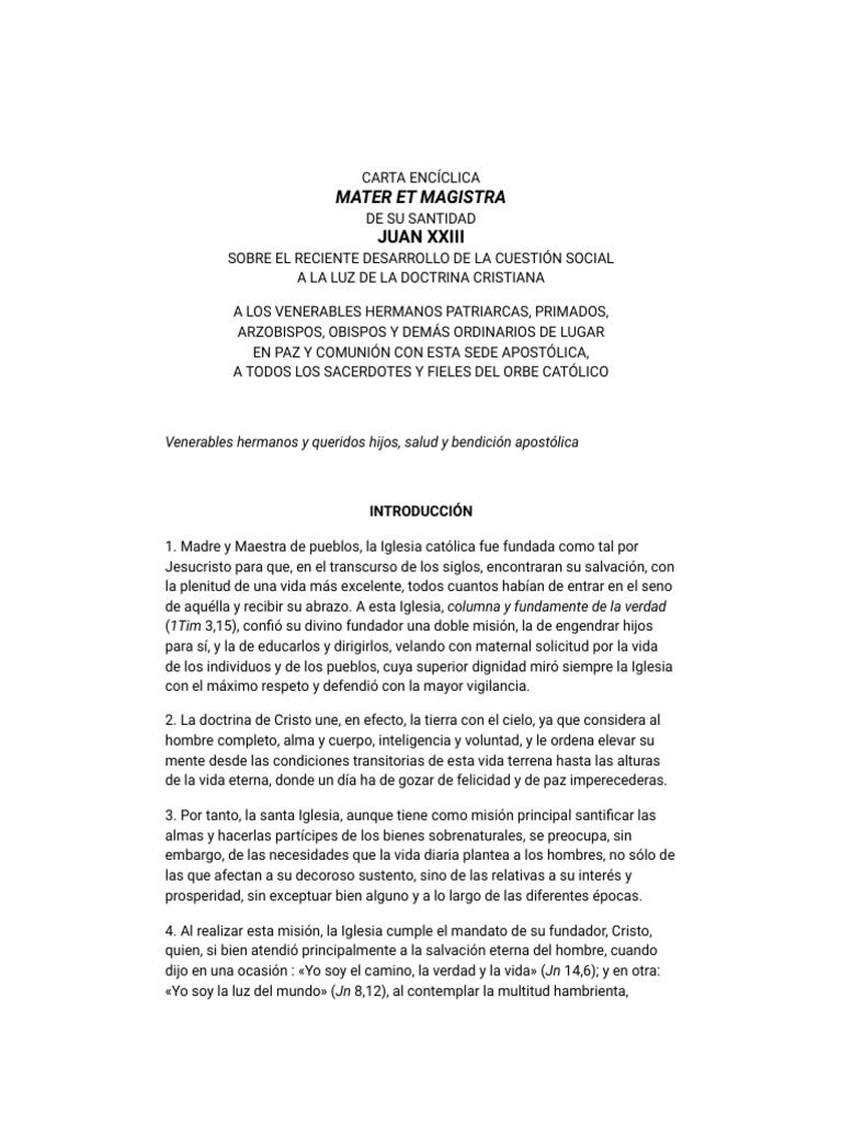 Mater Et Magistra (15 de Mayo de 1961) Juan XXIII