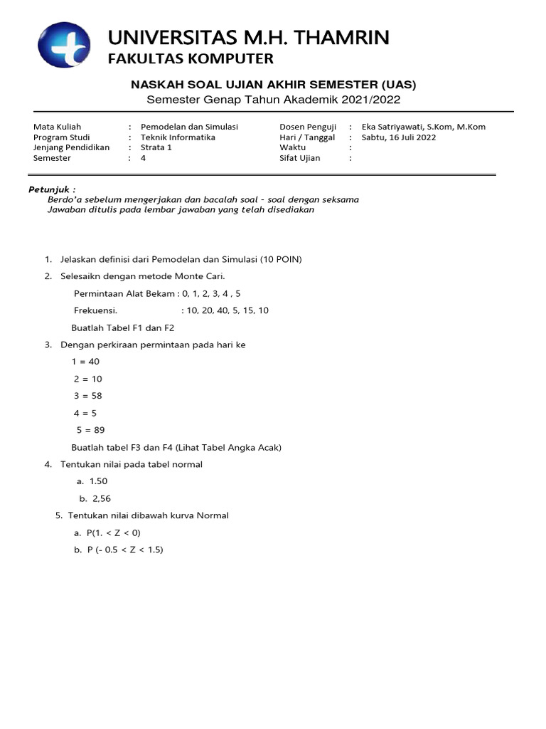 Soal Dan Lembar Jawaban UAS - Pemodelan Dan Simulasi | PDF | Metode ...