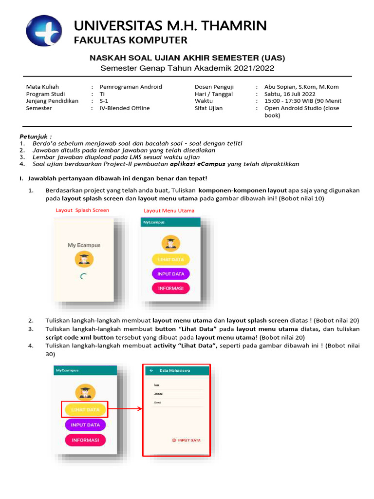 Soal Dan Lembar Jawaban UAS - Pemrograman Android | PDF | Komputer