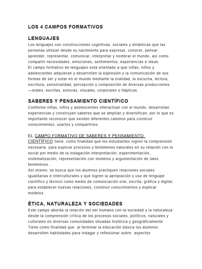 Los 4 Campos Formativos y Los 7 Ejes Articuladores PDF Pensamiento