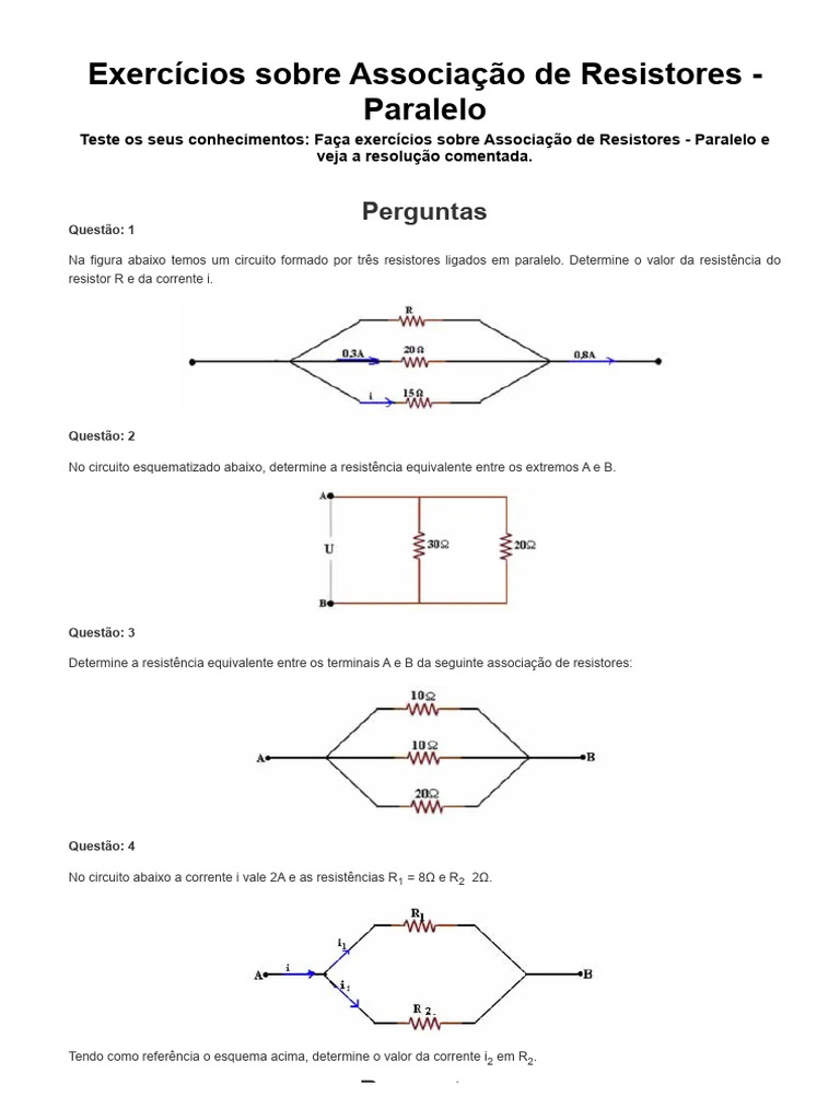 Exercícios Sobre Associação de Resistores em Paralelo | PDF