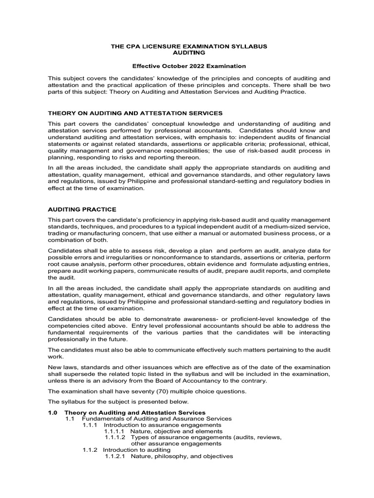 CPALE Auditing Syllabus Overview | PDF | Audit | Internal Control