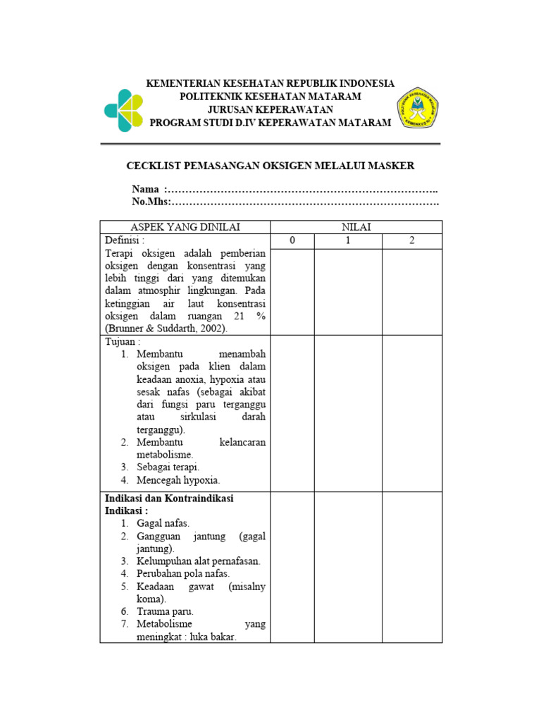 Check List Pemasangan Oskigen Melalui Masker | PDF