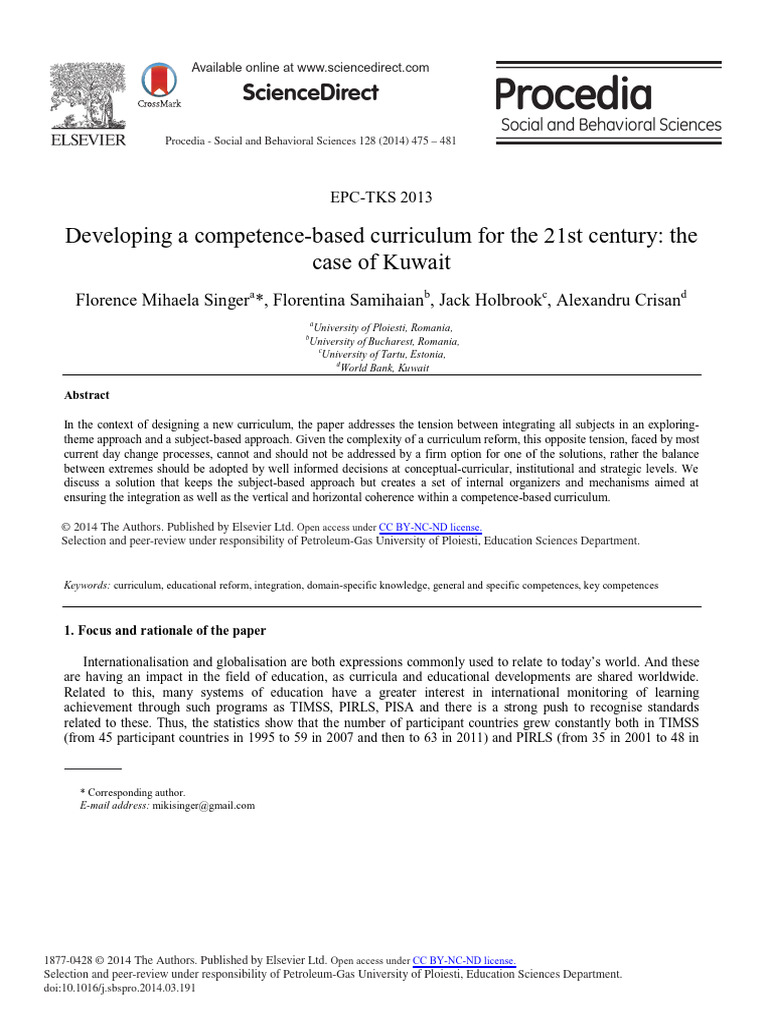 Developing A Competence-Based Curriculum For The 21st Century-The Case ...